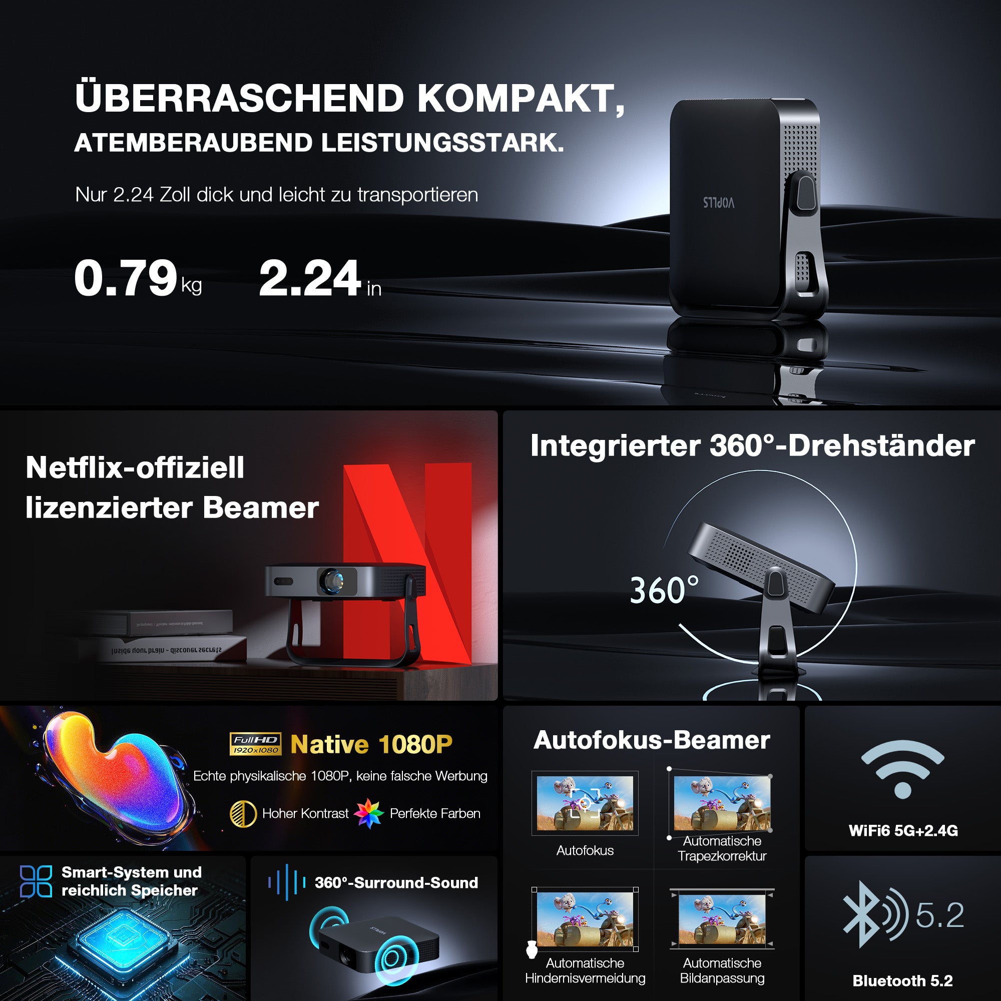 VOPLLS Q5 Smart Mini Projector 4K- UK